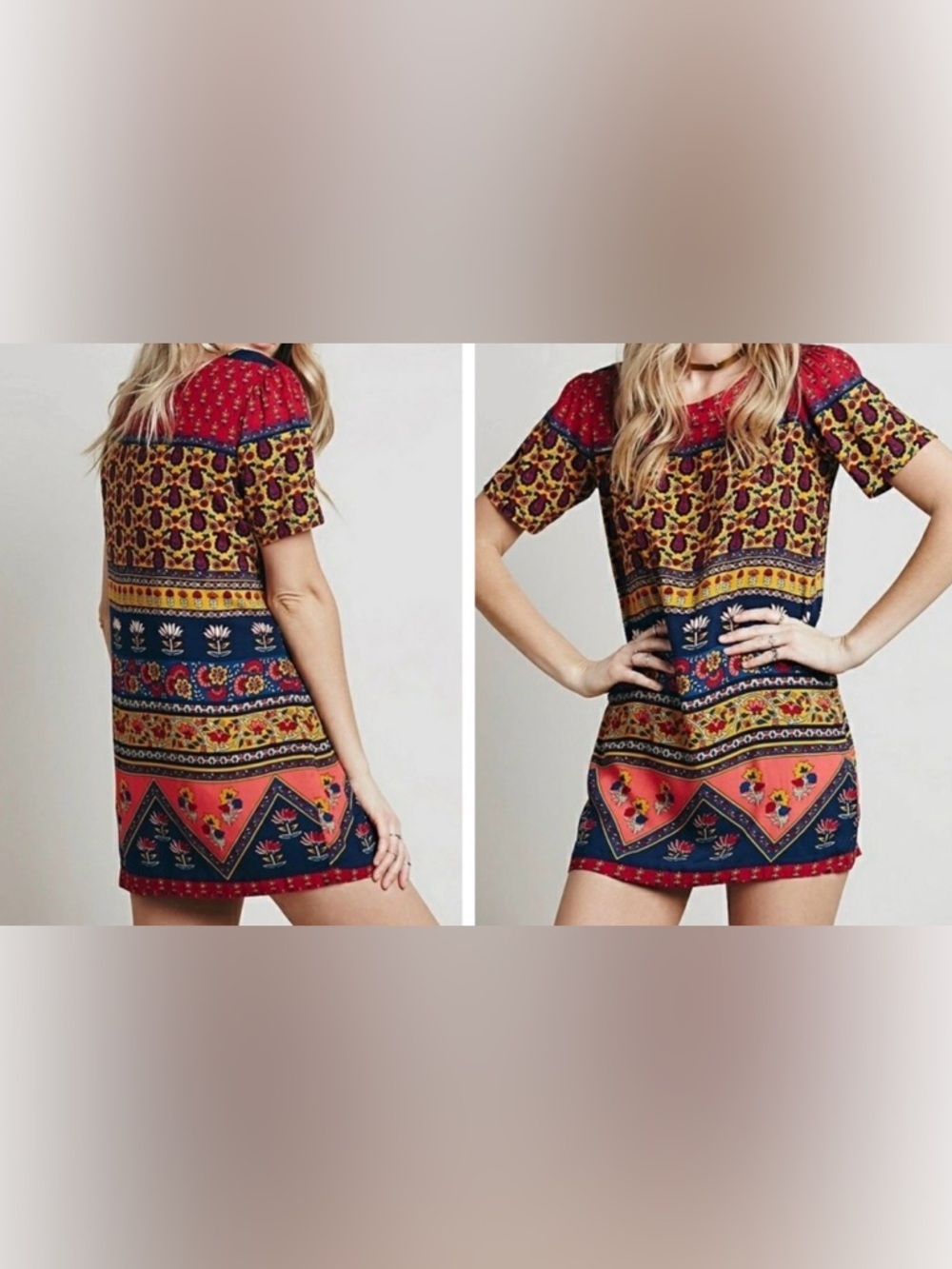 Novella Royale Floral Patchwork Short Sleeve Mini Dress - Red, Navy, Mustard